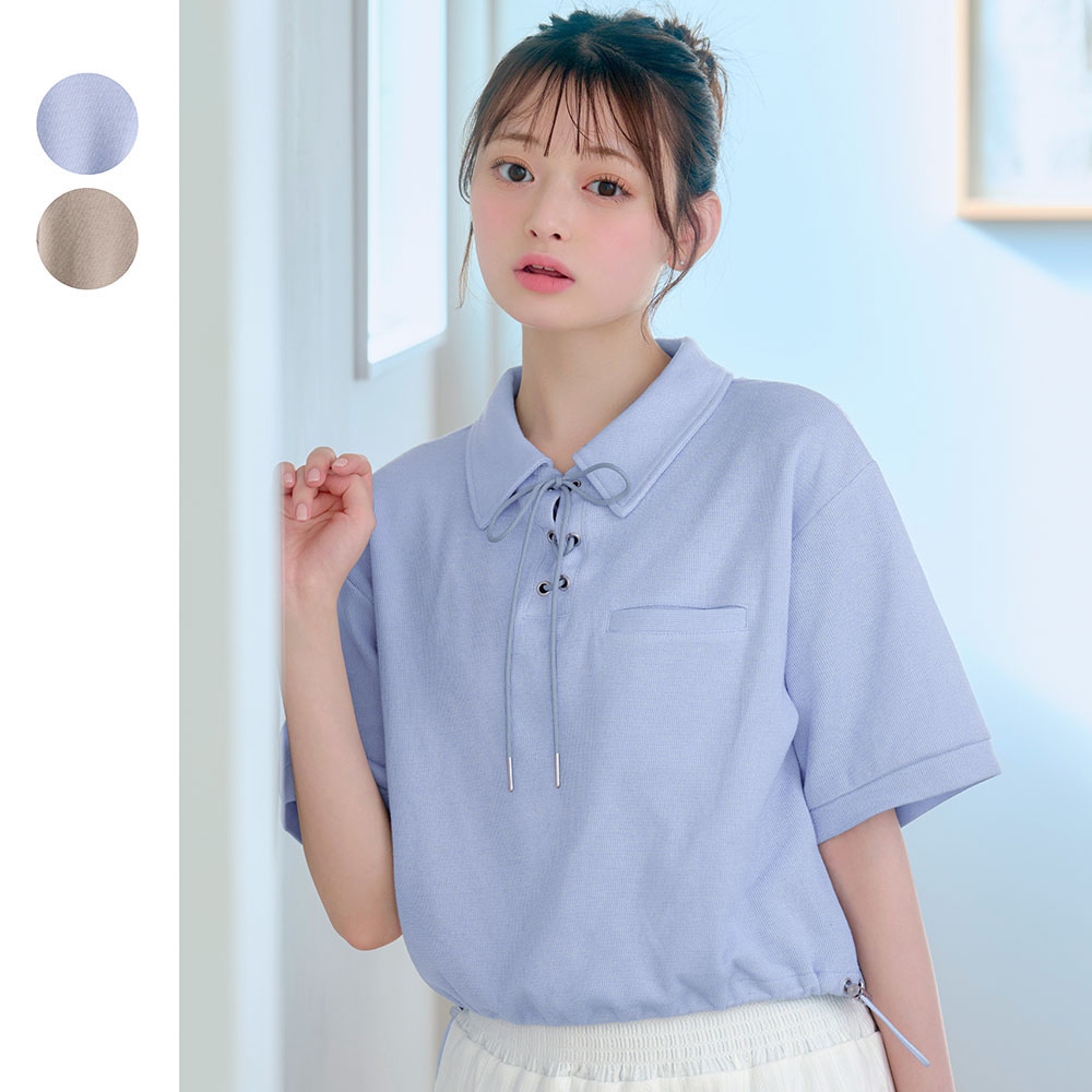 ポロカラーレースアップコットンリブ半袖プルオーバー 【子供服】(パペル ラピス/Papel lapiz)