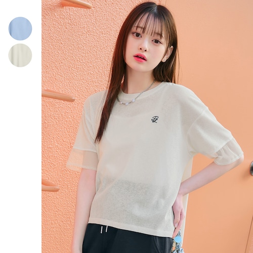 綿混キャミソール付き袖チュール切替えスラブシアー半袖Ｔシャツ 【子供服】