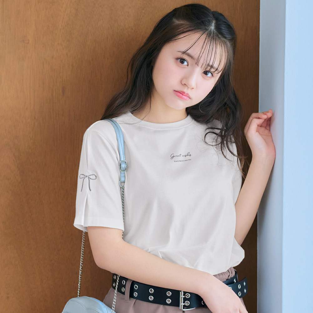【パペル ラピス/Papel lapiz】リボン刺繍タックスリーブ綿素材半袖Tシャツ 【子供服】