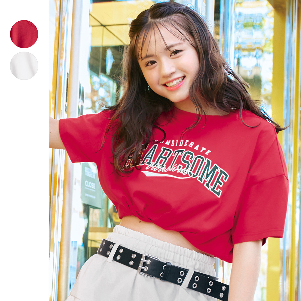 【パペル ラピス/Papel lapiz】裾バルーンへそ出しクロップド丈サテンワッペン綿素材半袖Tシャツ 【子供服】