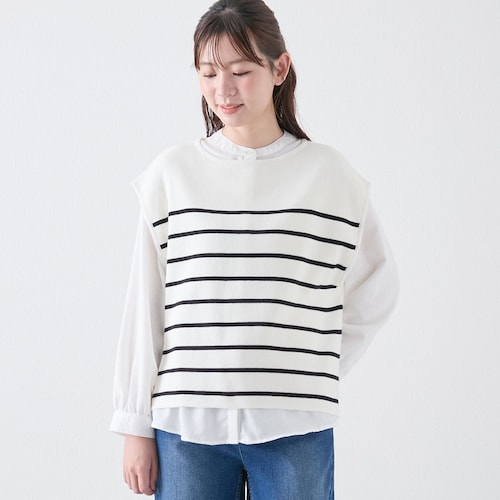 綿ニット×ブラウスのアンサンブル