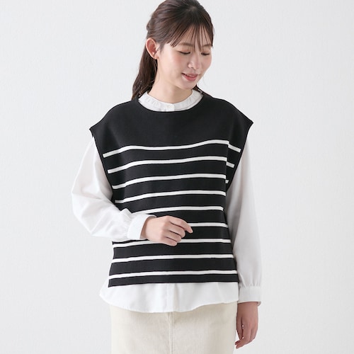 綿ニット×ブラウスのアンサンブル