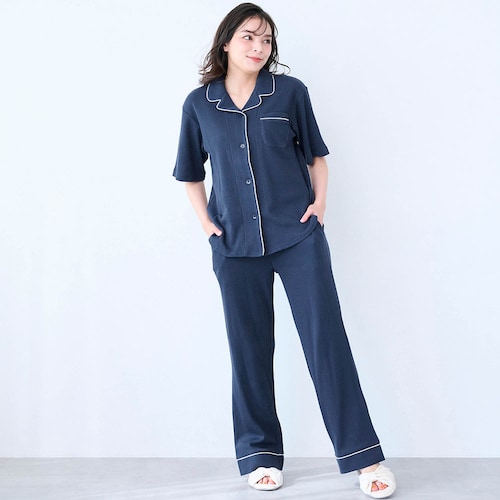 サラッと快適・綿混ワッフル前開き5分袖パジャマ【インフルエンサーharukaコラボ】