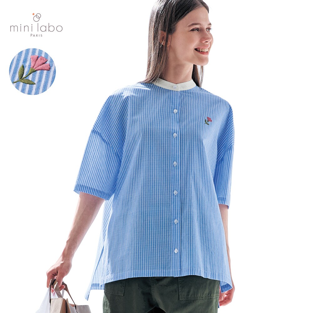 【ミニラボ/mini labo】バンドカラーのゆったり5分袖シャツ/カーネーション 「ミニラボ」
