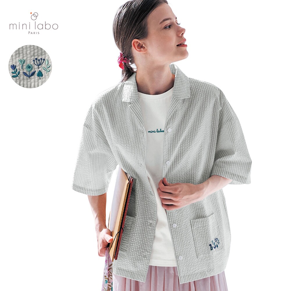 【ミニラボ/mini labo】ぽこぽこサッカー素材のストライプシャツジャケット/プロヴァンスのマキ 「ミニラボ」