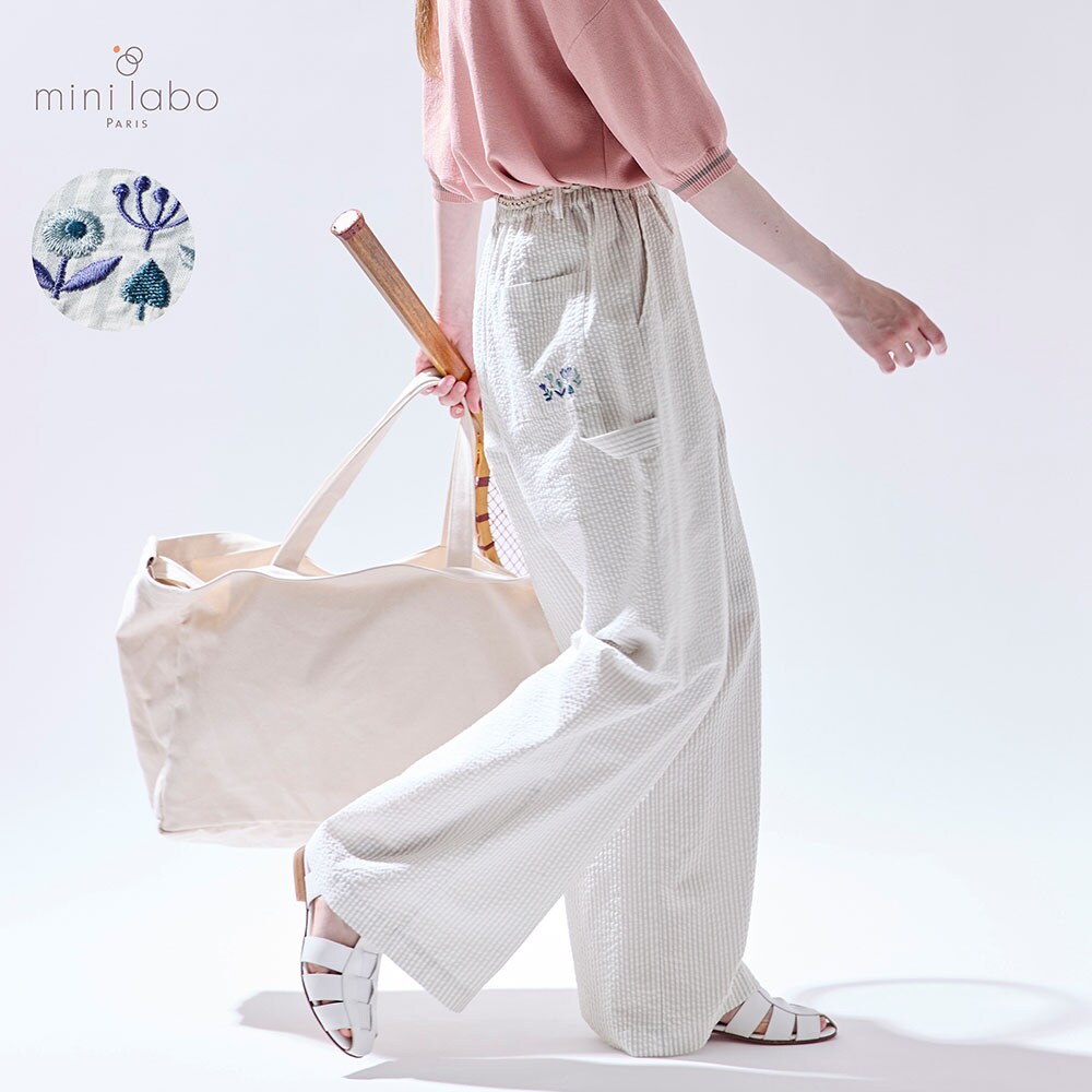 【ミニラボ/mini labo】ぽこぽこサッカー素材のストライプワイドパンツ/プロヴァンスのマキ 「ミニラボ」