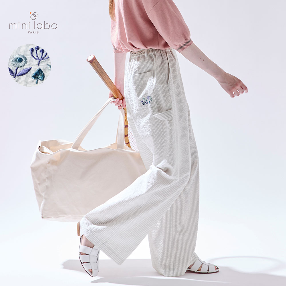 【ミニラボ/mini labo】ぽこぽこサッカー素材のストライプワイドパンツ/プロヴァンスのマキ 「ミニラボ」