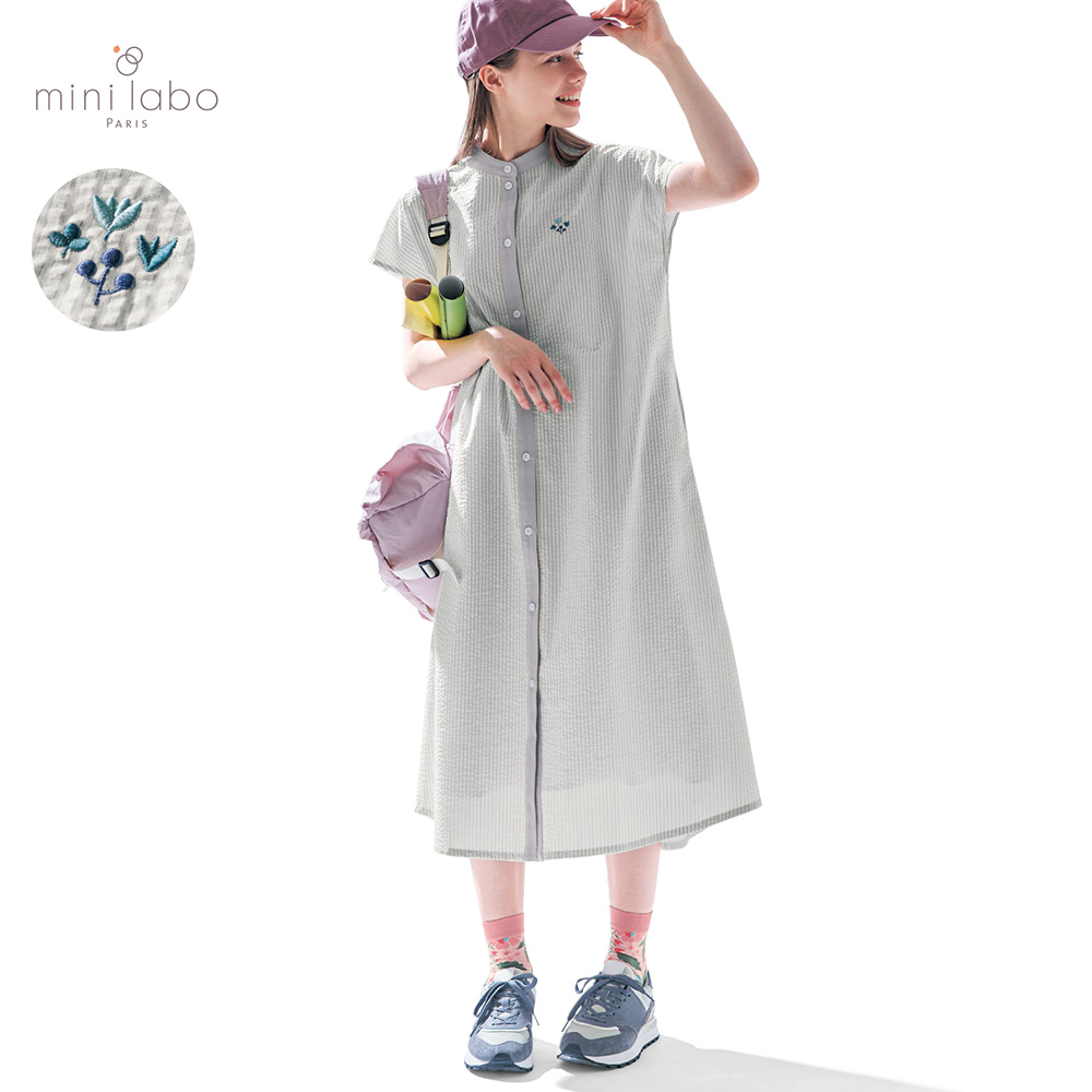 【ミニラボ/mini labo】ぽこぽこサッカー素材のストライプワンピース/プロヴァンスのマキ 「ミニラボ」