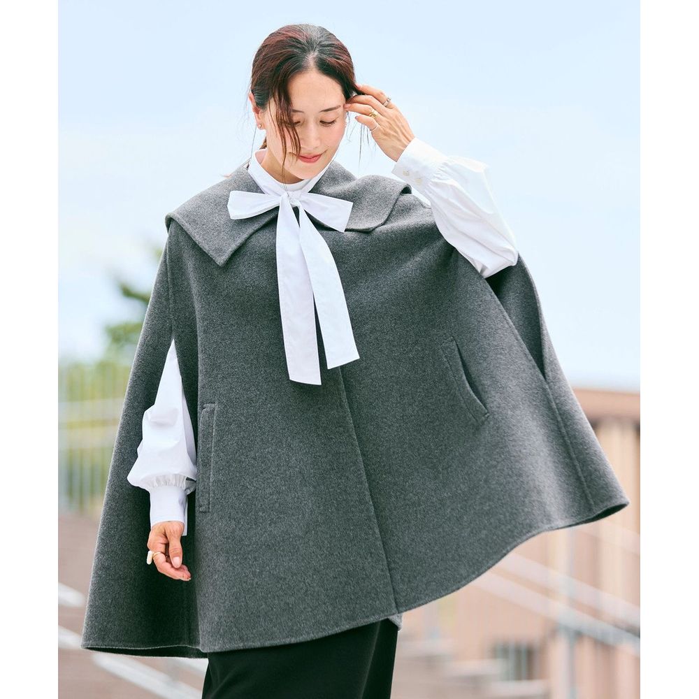 YOSA フルジップフード付きグレーケープ Newans／ハッシュニュアンス】セーラーカラーダブルフェイスケープ