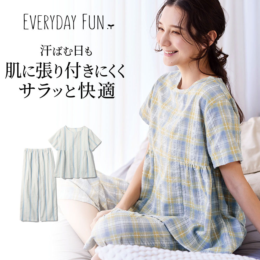 【エブリデイファン/EVERYDAY FUN 】風を通して涼しい綿混サッカー半袖パジャマ