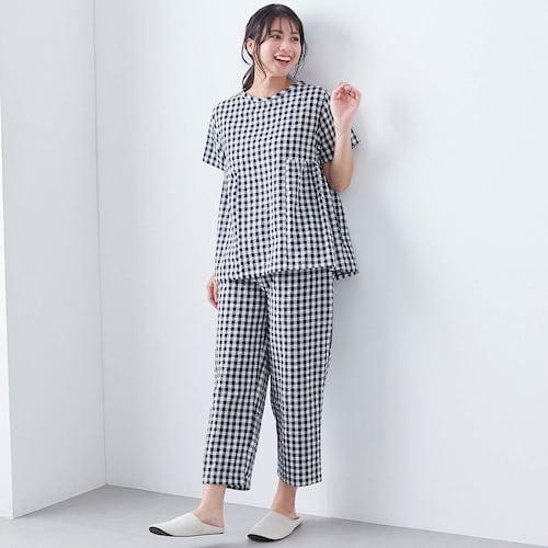 風を通して涼しい綿混サッカー半袖パジャマ