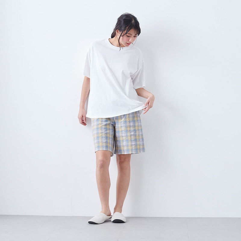 イエローライトブルーチェック（ハーフ丈）