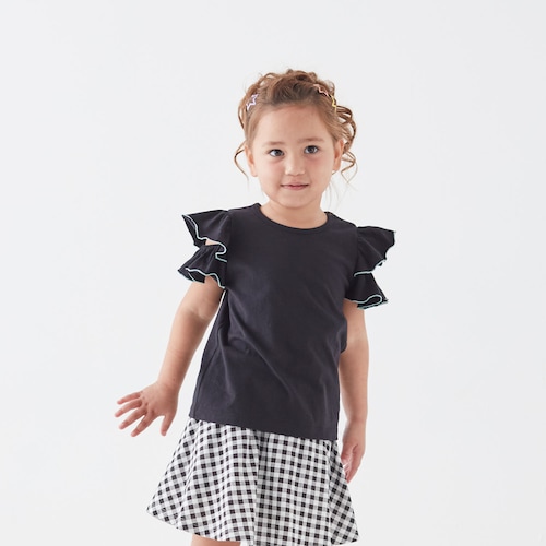 薄くて涼しい肩開き配色メロウフリルＴシャツ 【子供服 半袖】