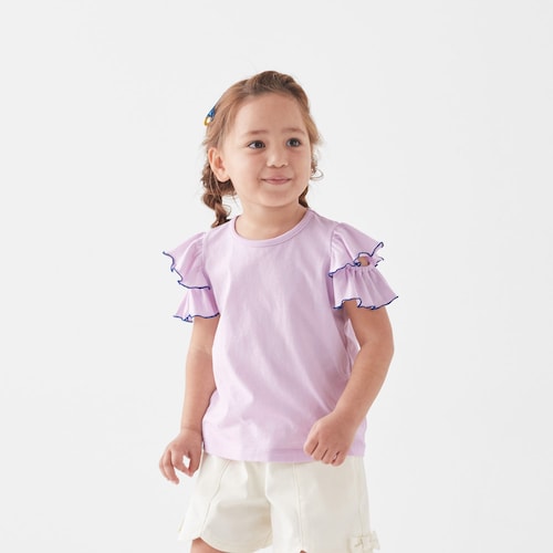 薄くて涼しい肩開き配色メロウフリルＴシャツ 【子供服 半袖】