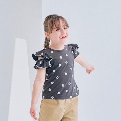 薄くて涼しい肩開き配色メロウフリルＴシャツ 【子供服 半袖】