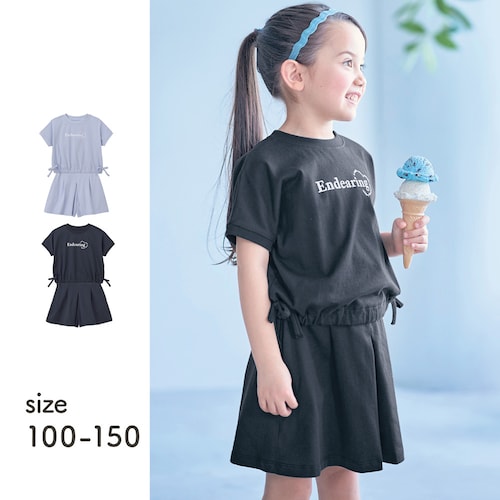 裾ギャザーリボンＴシャツ＆スカート見えキュロットセット 【子供服 半袖】