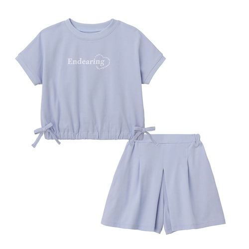 裾ギャザーリボンＴシャツ＆スカート見えキュロットセット 【子供服 半袖】