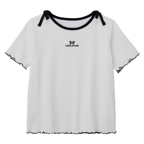 肩リボン配色メロウフリルリブＴシャツ 【子供服 半袖】