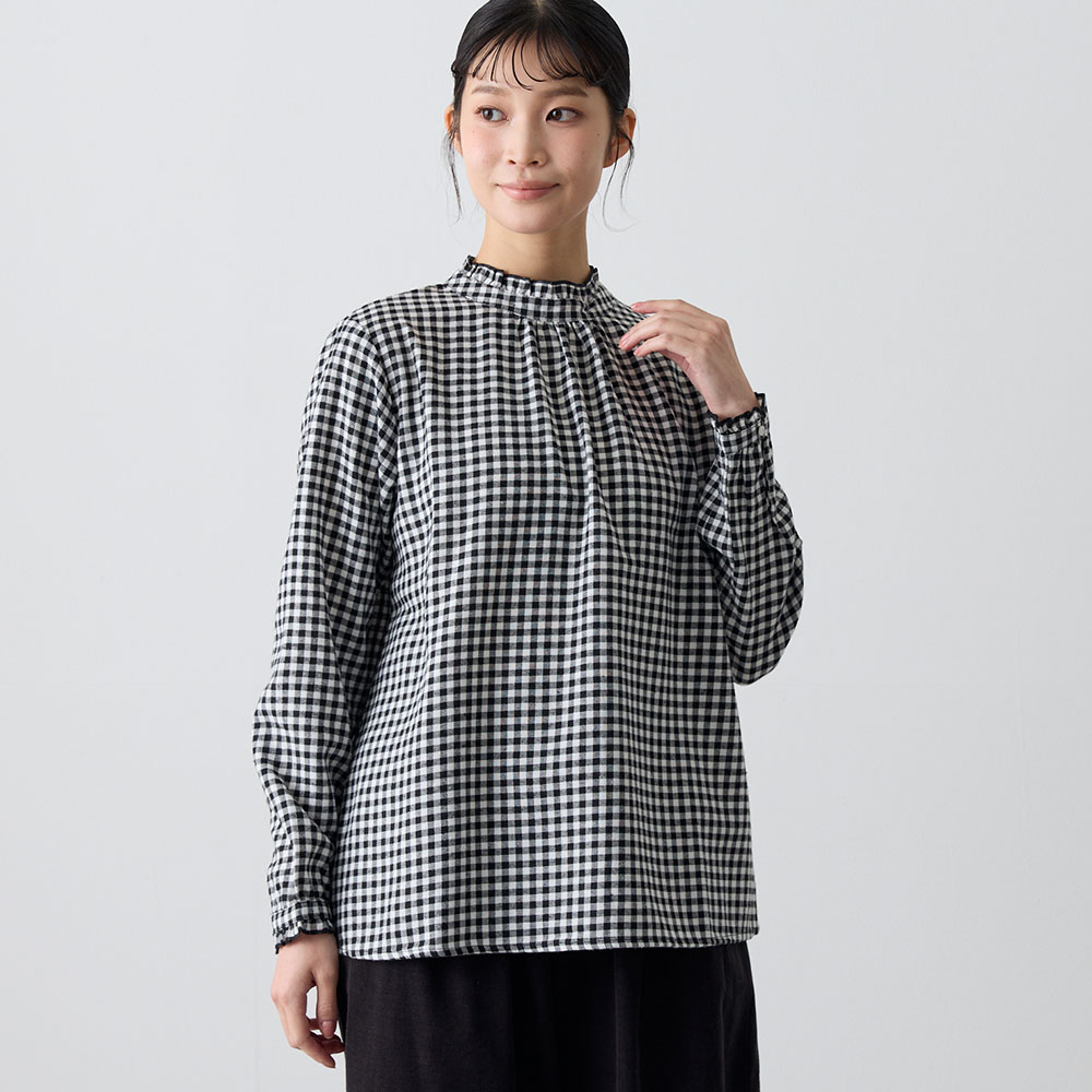 【プリュスボルメ/+borme】ネル素材のスタンドカラーフリルブラウス