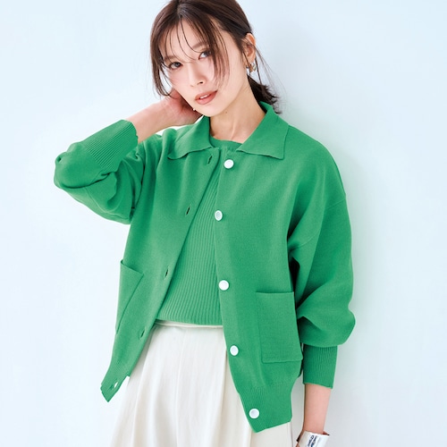 襟付きニットカーディガン＆リブニットのアンサンブル