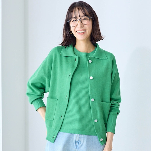 襟付きニットカーディガン＆リブニットのアンサンブル