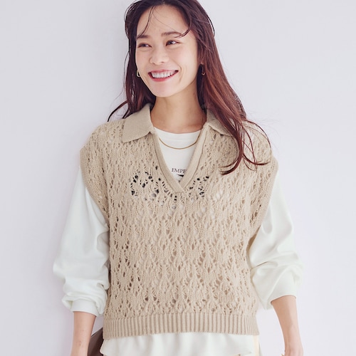 透かし編み襟付きニットベスト