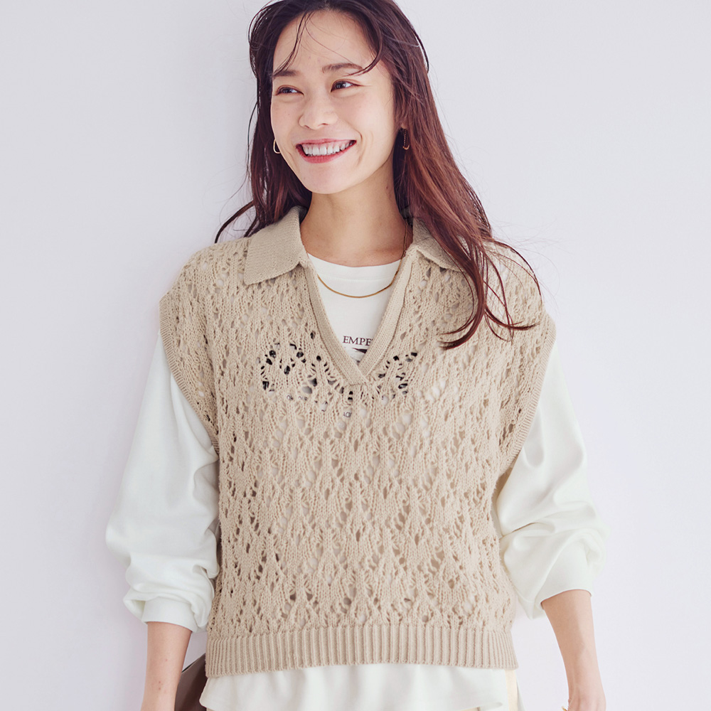 【ロウイング/Rowing】透かし編み襟付きニットベスト