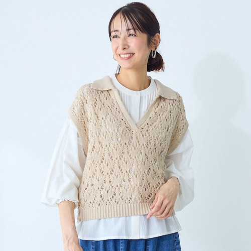 透かし編み襟付きニットベスト