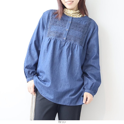 デニムフロントレースブラウス 【大きいサイズ】