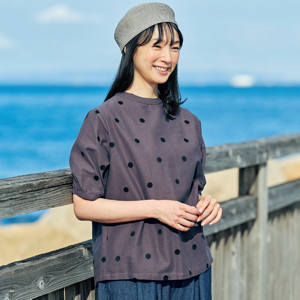 【ベルメゾン】コットンリネンドット刺繍ブラウス