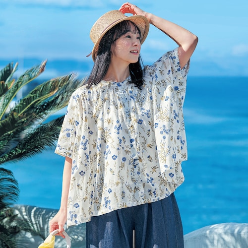 コットンボイルフラワープリントブラウス