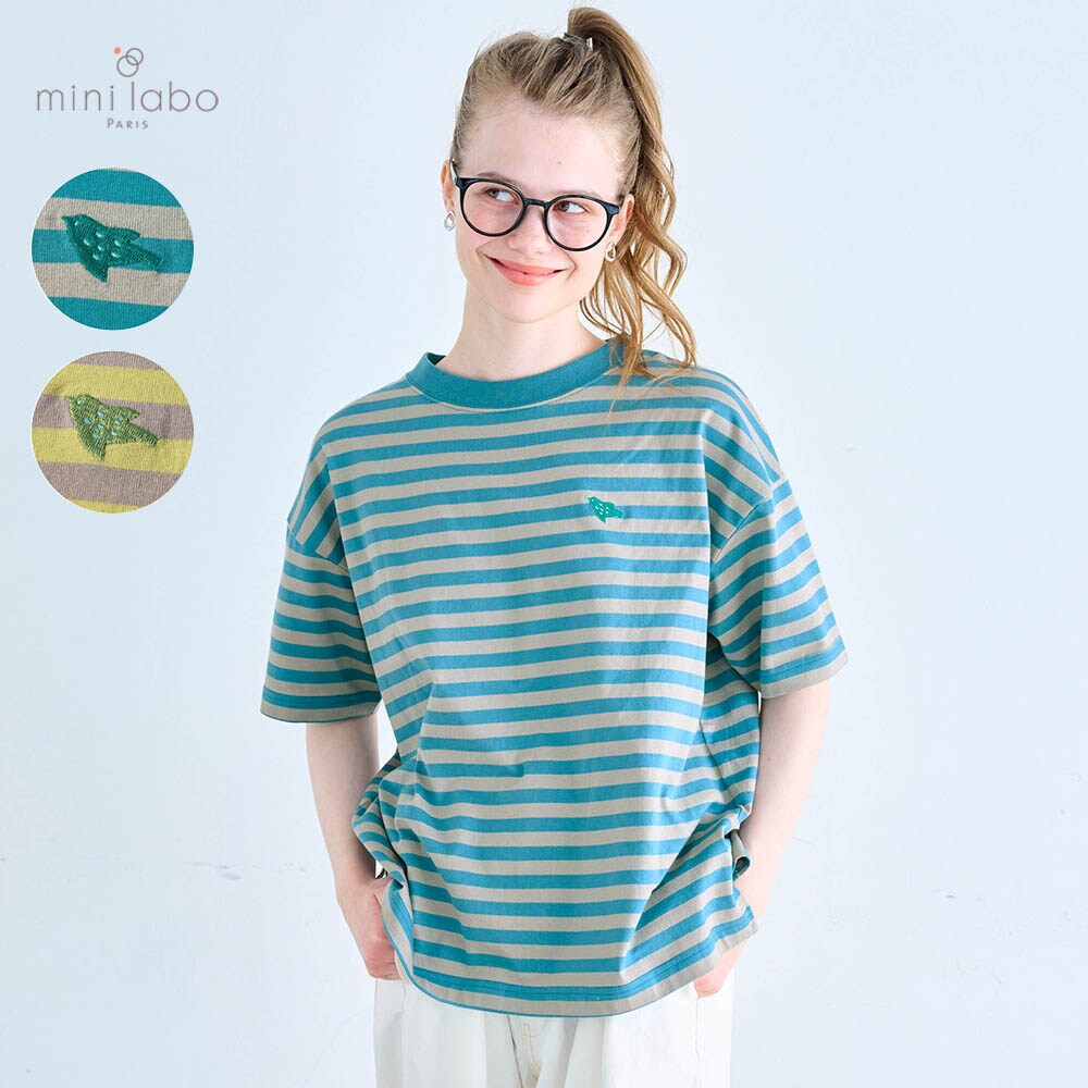 【ミニラボ/mini labo】ワンポイント刺繍のワイドボーダーTシャツ/コトリ 「ミニラボ」