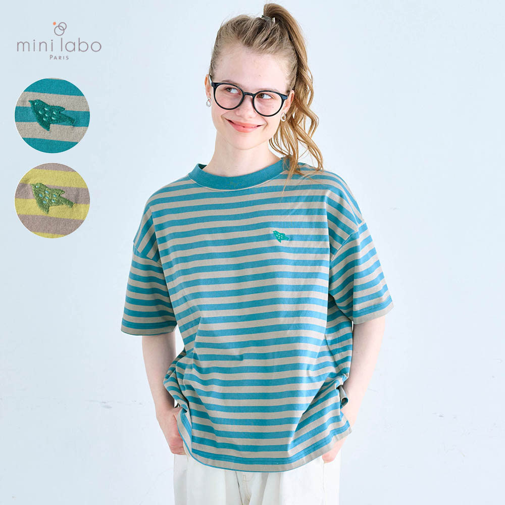 【ミニラボ/mini labo】ワンポイント刺繍のワイドボーダーTシャツ/コトリ 「ミニラボ」