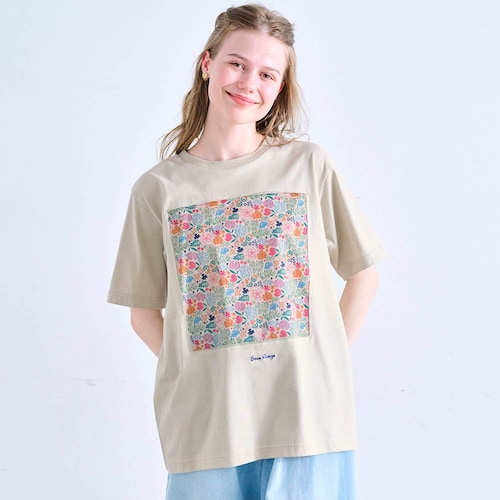 布帛プリントを貼ったアートのような5分袖Tシャツ 「ミニラボ」