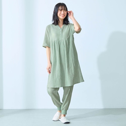 お腹を冷えから守る楊柳ダブルガーゼチュニックパジャマ