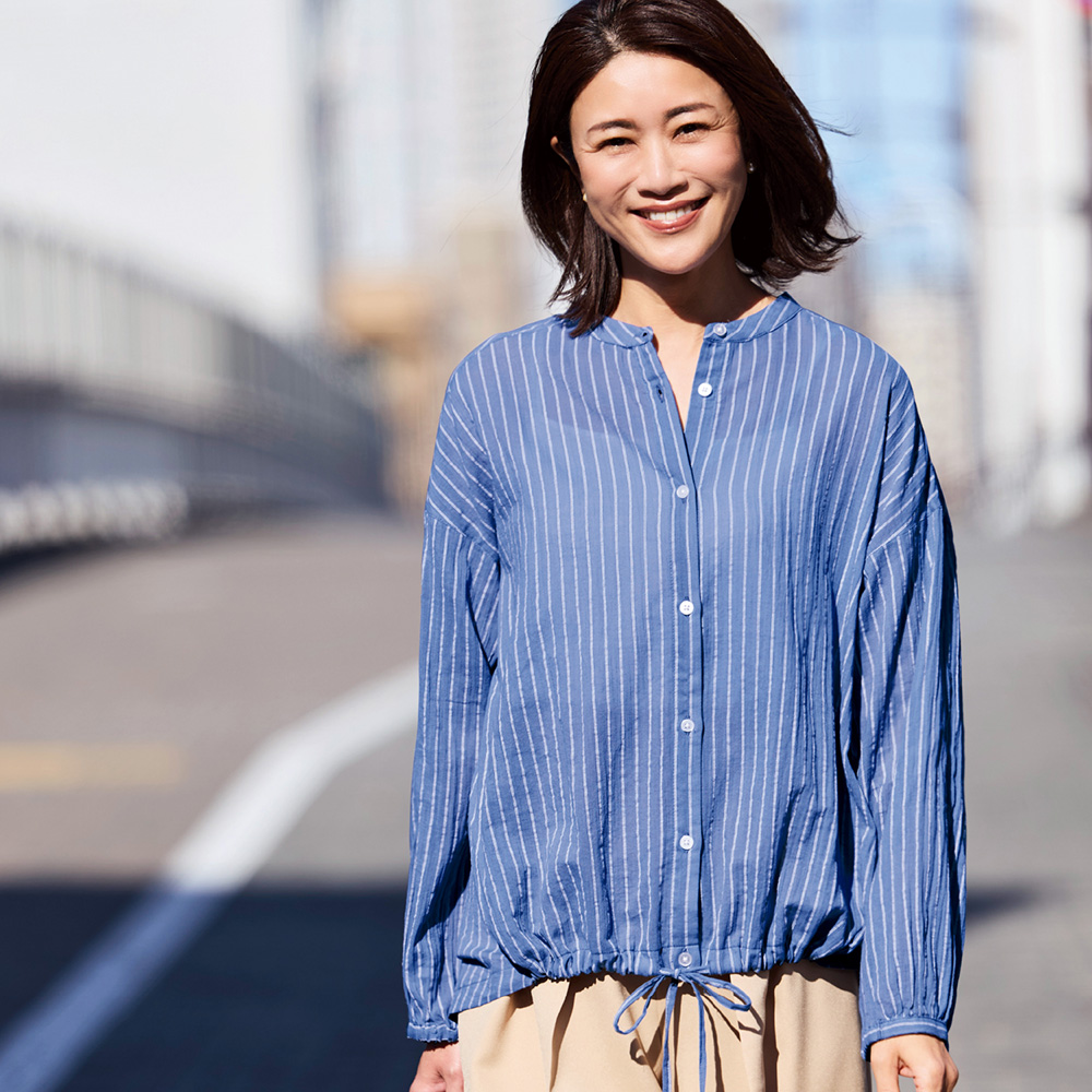 バンドカラーストライプチュニックシャツ バンドカラーストライプチュニックシャツ