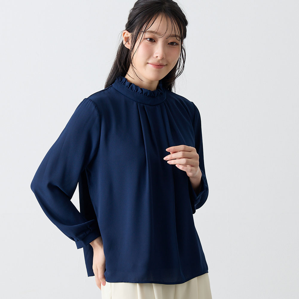 【ベルメゾン】フリルネックタックブラウス