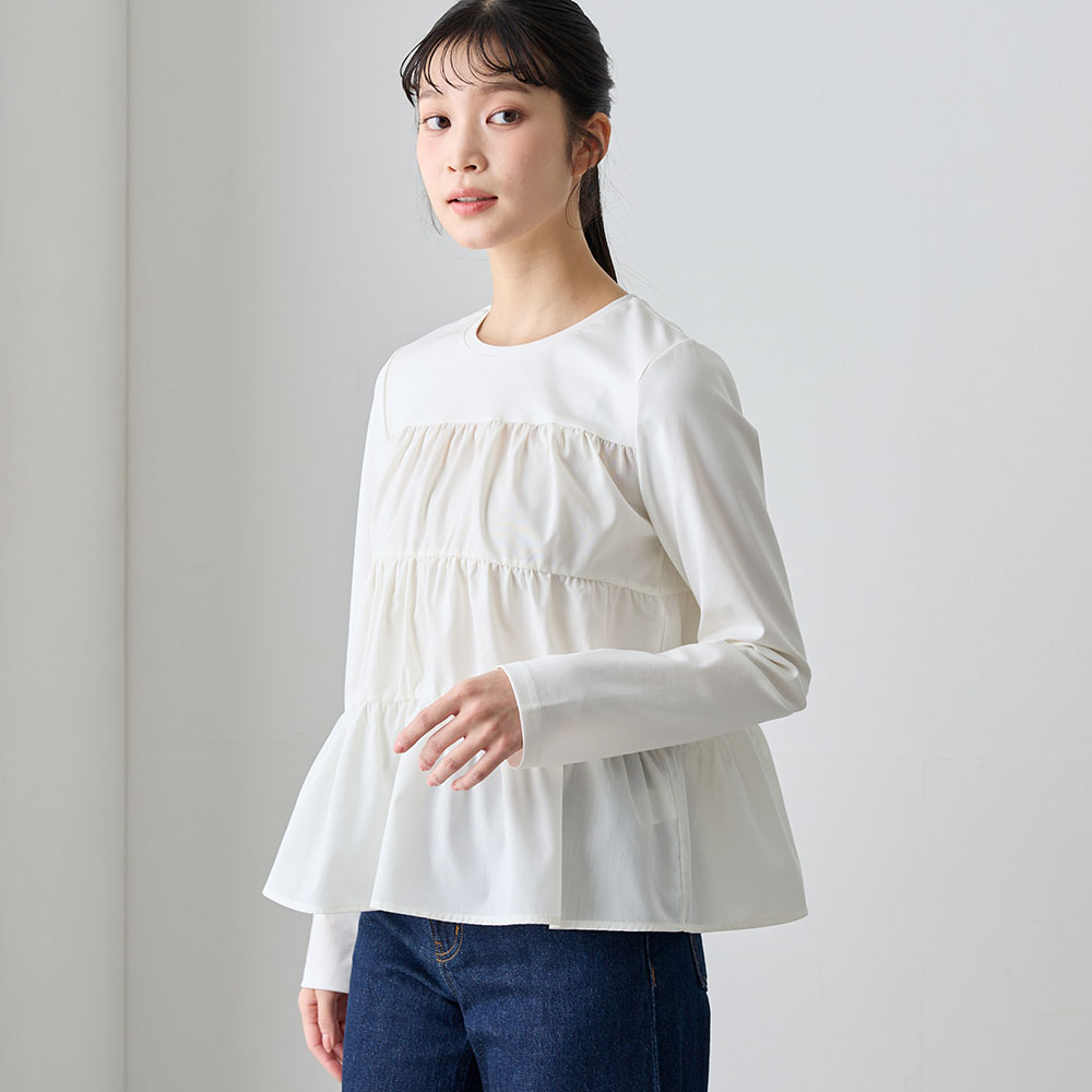 【ベルメゾン】異素材切替ティアード風プルオーバー