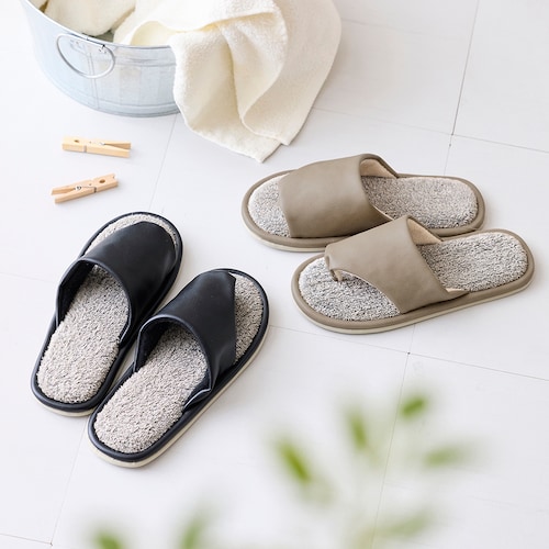 中敷き麻混パイルの洗える合皮サンダルスリッパ ＜M～L＞