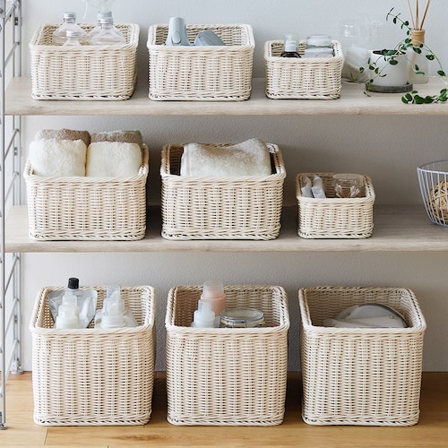洗えるラタン調収納バスケット【オフホワイト】「wash rattan」 【選べる4サイズ】