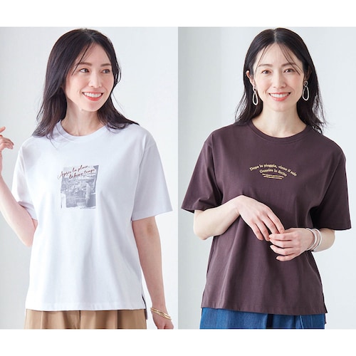 ゆったりシルエットの箔プリント大人きれいＴシャツ【接触冷感】