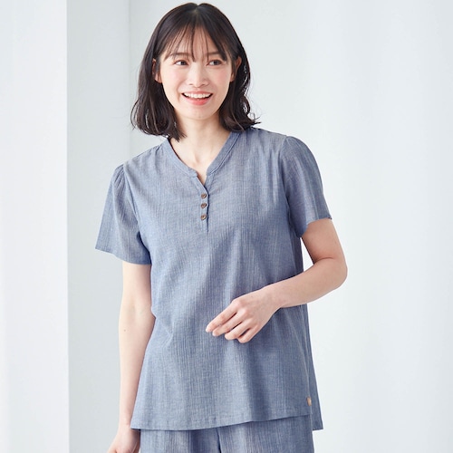 綿素材のヘンリーネック半袖ルームウェア