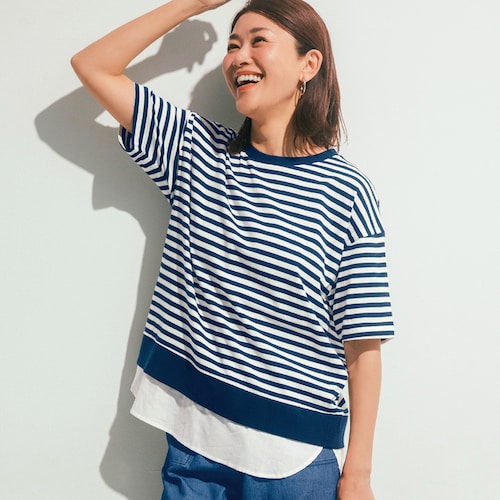 フェイクレイヤードボーダー半袖Ｔシャツ