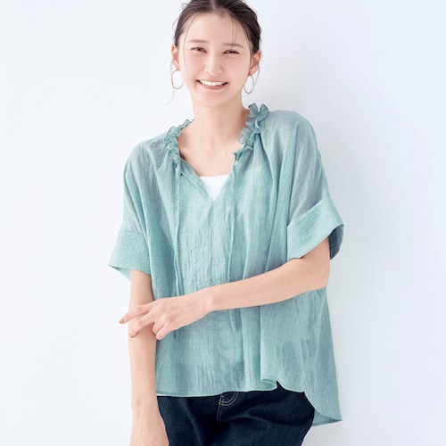 コットン混ボイルカフタンフリルブラウス