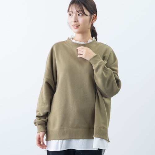 裏起毛襟レースレイヤード風プルオーバー