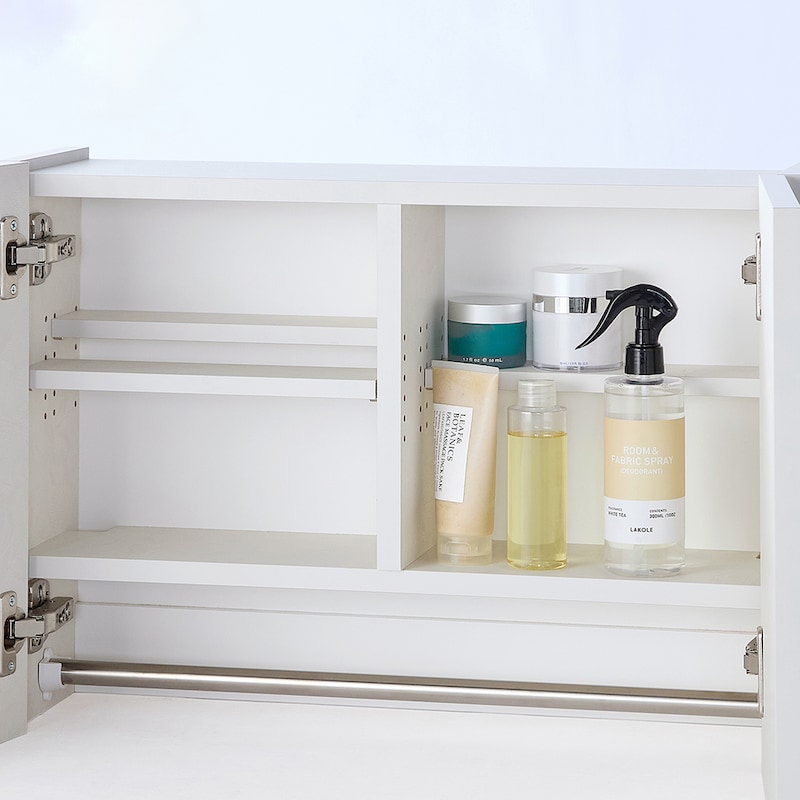 手前に背の高い物を置いてもダブル棚板だと後ろを有効活用できる