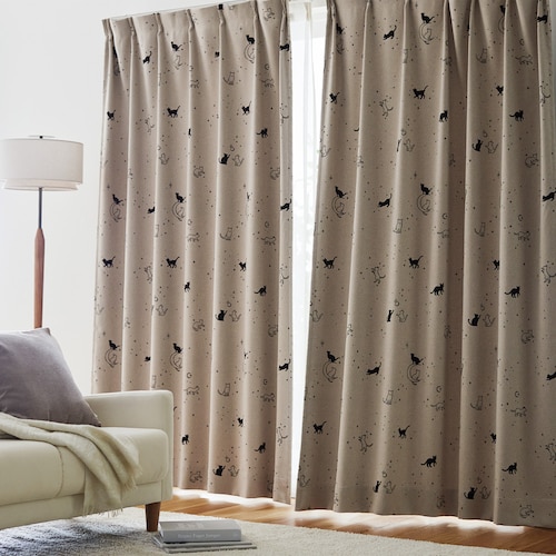 【99サイズ】 ネコ柄プリントの遮光カーテン ＜2枚組／1枚＞