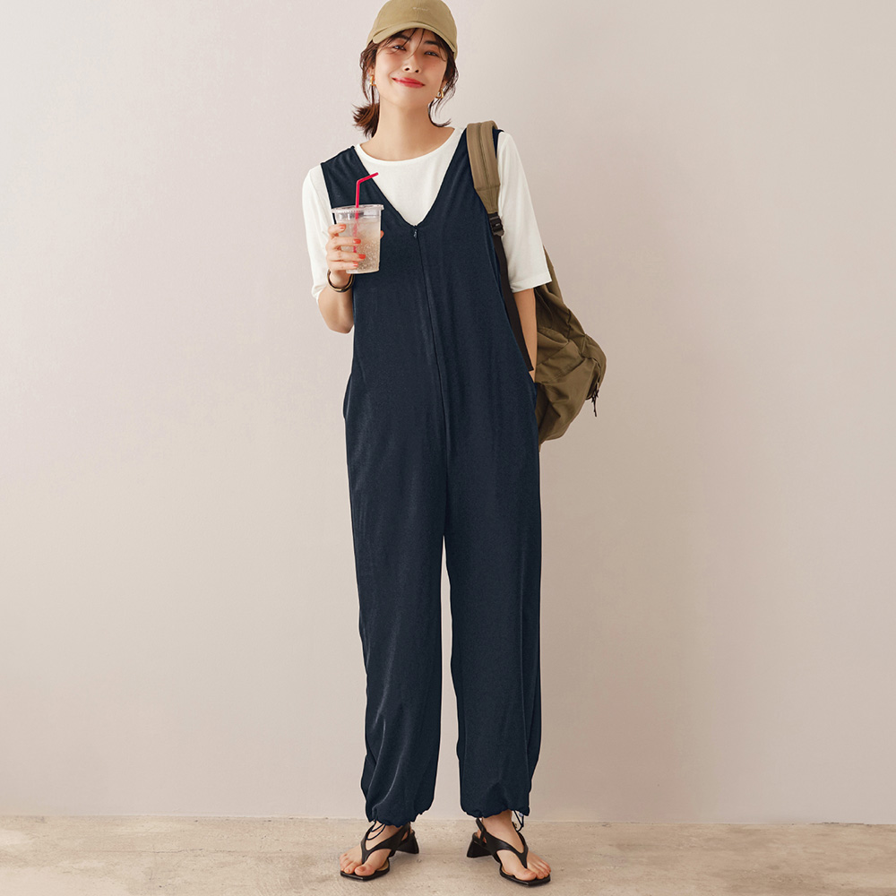 【スタイルノート/StyleNote】裾ドロスト付きフロントファスナーのオールインワン
