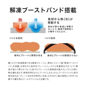 専用バンドで、冷凍された食材をプレートにしっかりと密着固定、食材と解凍プレートの接触面を増やします