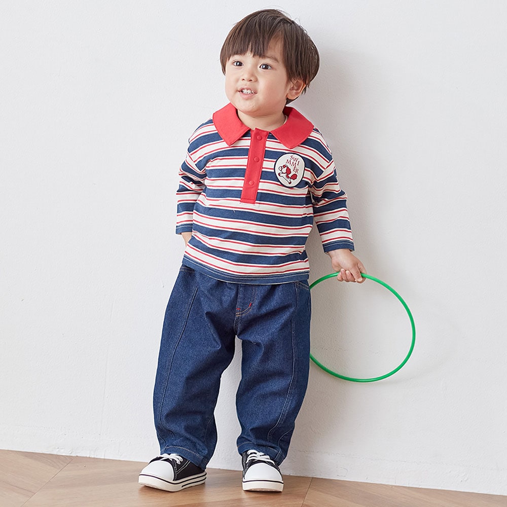 ネイビー系ボーダー／モデル身長84.0cm・80サイズ着用・体重11.8kg